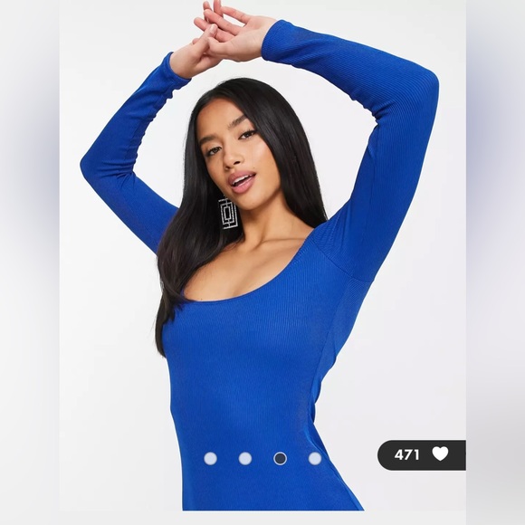 Flounce London Petite scoop neck ribbed mini dress in cobalt - Picture 3 of 4